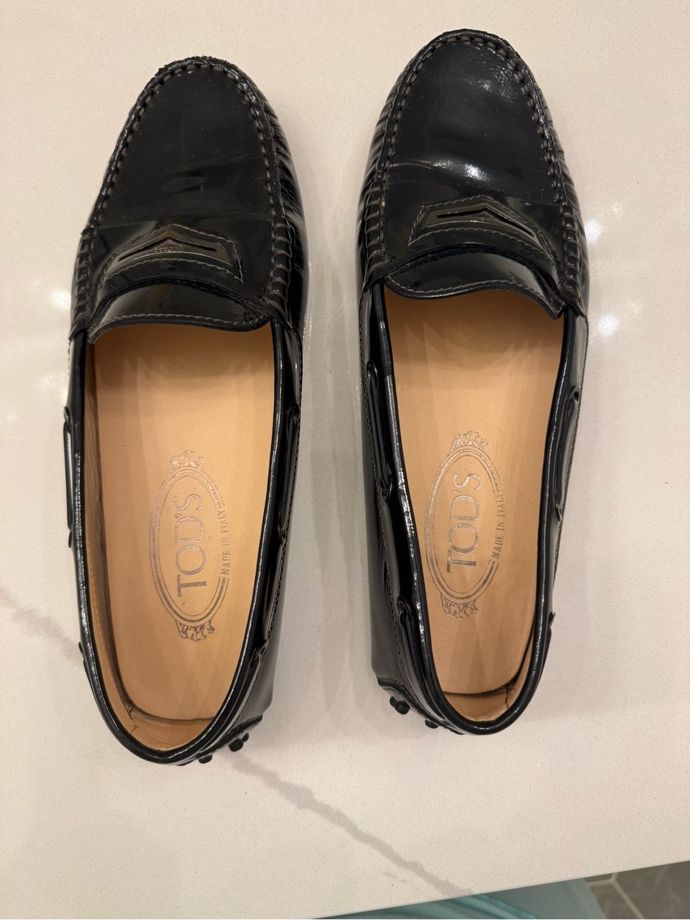 Tod's Women’s Black Patent Leather Driving Loafers, size 38.5
